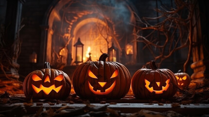 drawing group of halloween pumpkins, front and cemetery behind