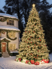 Un árbol de navidad decorado, iluminado y con regalos  en el exterior de una casa un día nevado. Vista de frente y de cerca. IA Generativa 