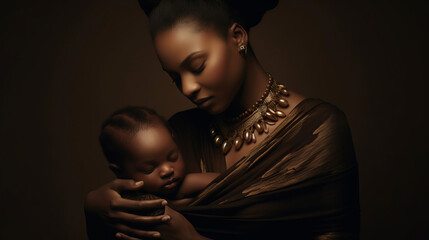 Beautiful black woman holding baby boy, motherhood and pregnancy concept - obrazy, fototapety, plakaty