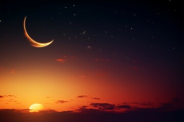 Obraz na płótnie Canvas Crescent moon, star, twilight sky, orange sunlight, space for Arabic text