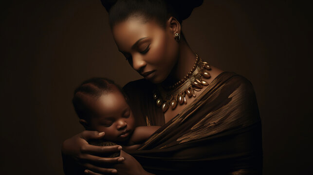 Beautiful black woman holding baby boy, motherhood and pregnancy concept