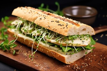 close-up view of a baguette sandwich with sprouts and tofu