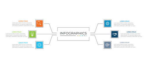 Vector infographic label design concept with square layout and marketing icons with 6 steps or options.