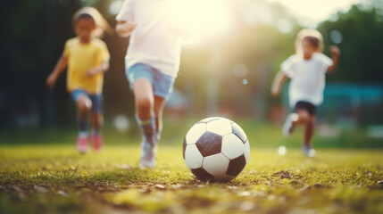 Kids football - young children players match on soccer field, Banner