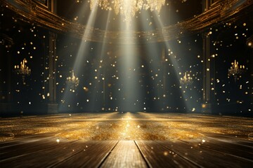 Empty nighttime stage with golden confetti and a central spotlight - obrazy, fototapety, plakaty