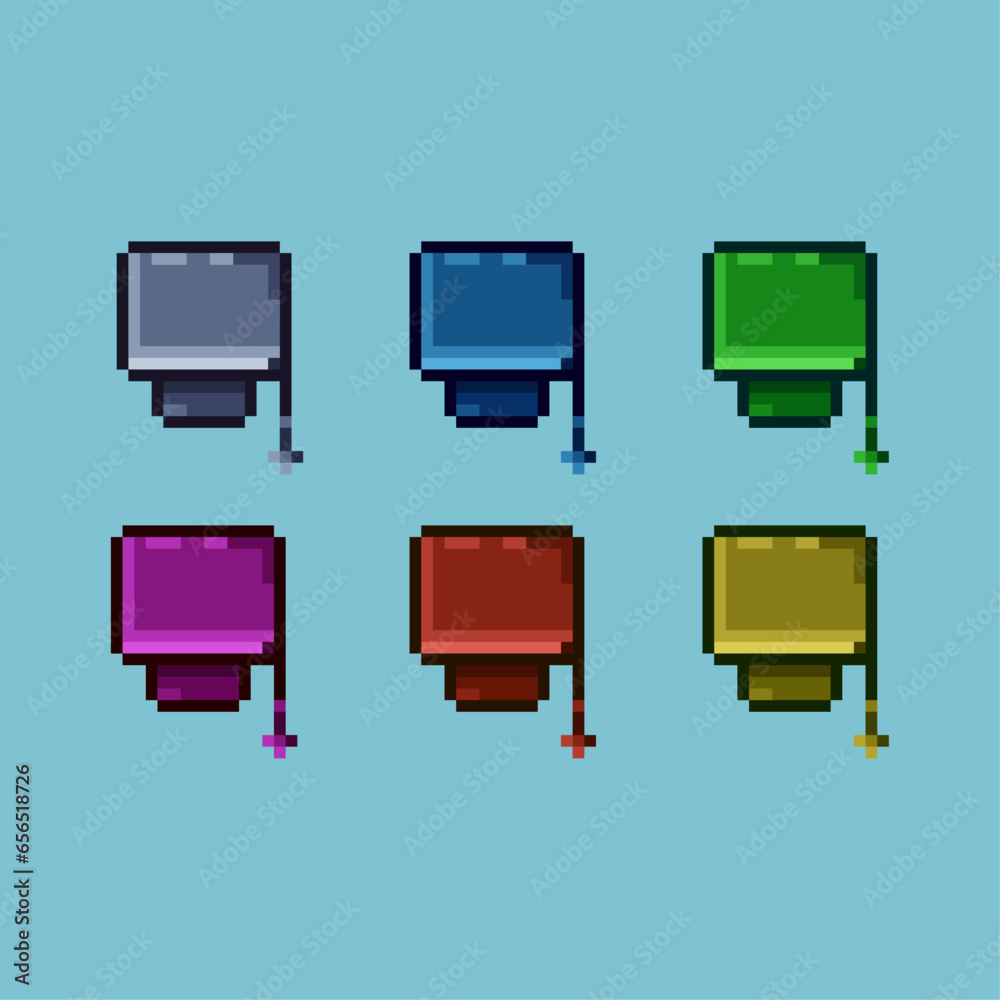 Poster pixel art sets of graduation hat with variation color item asset. simple bits of graduation hat on p