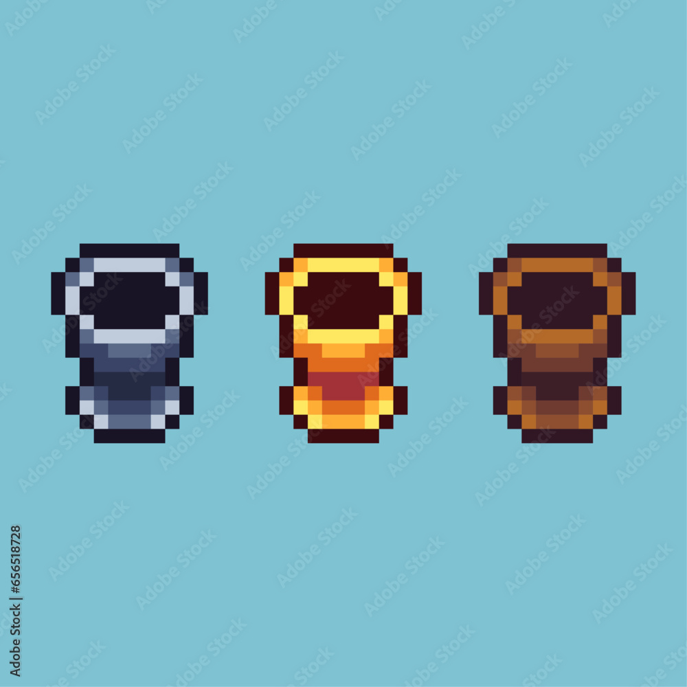 Poster pixel art sets of golden,silver,and bronze cup with variation color item asset. simple bits of cup o