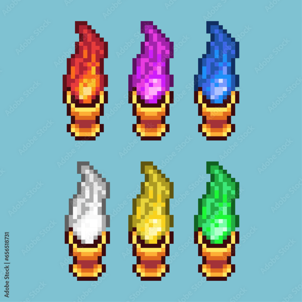 Poster pixel art sets of fire cup with variation color item asset. simple bits of fire cup on pixelated sty