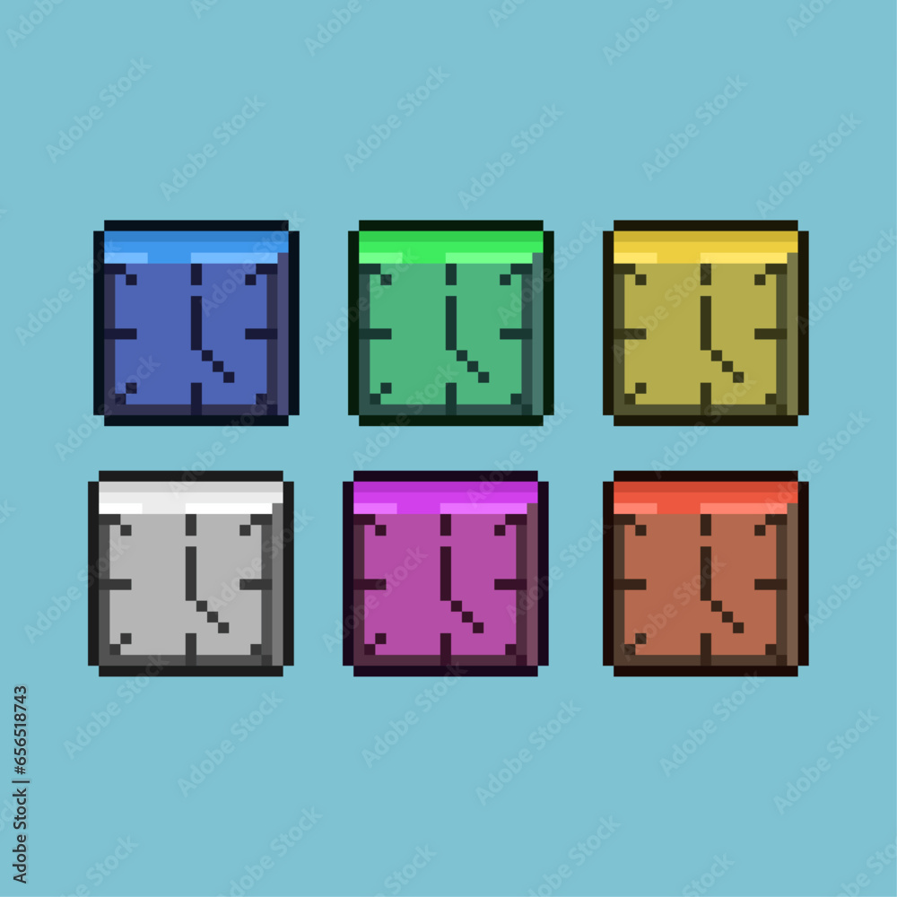 Poster pixel art sets of square clock with variation color item asset. simple bits of clock on pixelated st