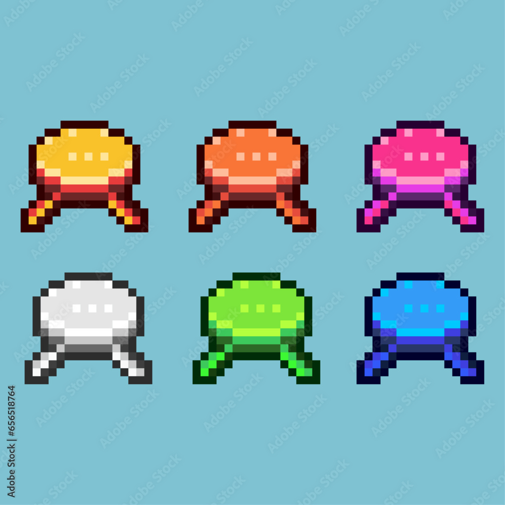 Poster pixel art sets of round small table with variation color item asset. simple bits of table decoration