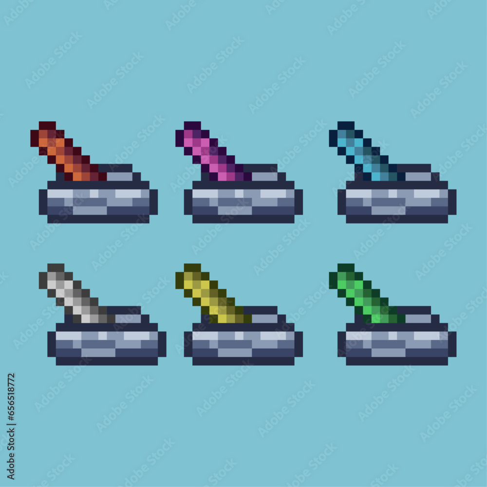Poster pixel art sets of handle lever with variation color item asset. simple bits of lever on pixelated st