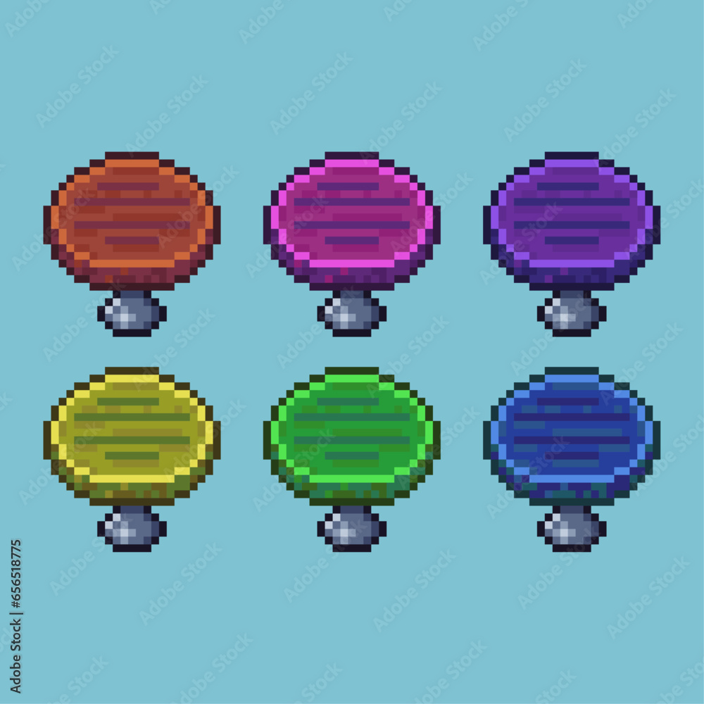 Poster pixel art sets of round small table with variation color item asset. simple bits of table decoration