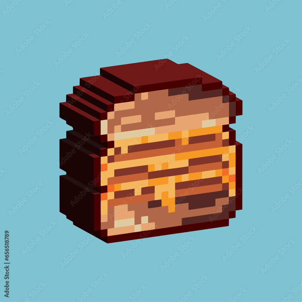 Poster isometric pixel art 3d of patty hamburger for items asset. hamburger food on pixelated style.8bits p