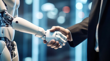 Handshake between human and robot in a research lab, working together for success - Concept about tech innovation, machine learning progress and partnership with future Artificial General Intelligence