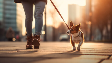 Dog walker walking fast with her pet on leash at street pavement - obrazy, fototapety, plakaty