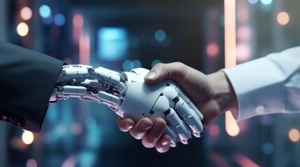 Handshake between human and robot in a research lab, working together for success - Concept about tech innovation, machine learning progress and partnership with future Artificial General Intelligence - obrazy, fototapety, plakaty