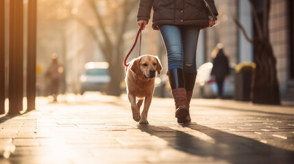 Dog walker walking fast with her pet on leash at street pavement