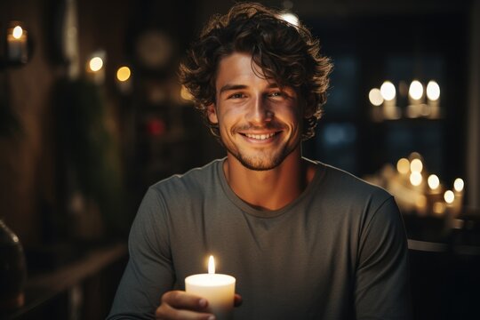 Happy of young man indoors at home at Christmas, holding a candle. Generative AI