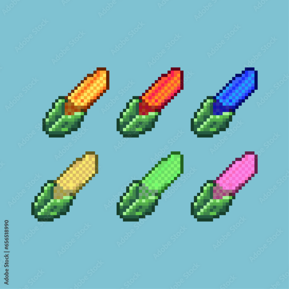 Poster pixel art sets of corn with variation color item asset. simple bits of corn on pixelated style. 8bit