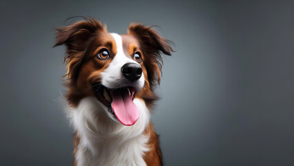 Portrait of an australian shepherd dog sitting with tongue out, looking slightly to the right, neutral studio shot background as copy space