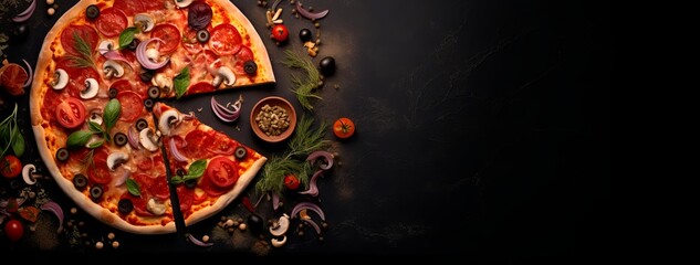 Delicious homemade pizza top view background with copy space