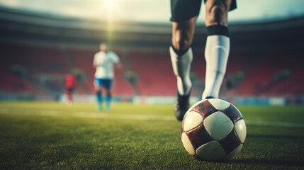 Fototapeta premium Professional football kicking ball in soccer stadium. Concept about sports, competition, motion, overcoming.