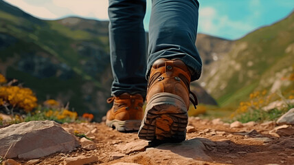 Close-up of a hiker's leather hiking boots on a challenging mountain trail