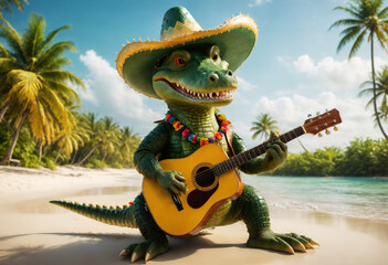 Green crocodile in sombrero and plays the guitar. Generative AI