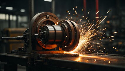 Sparks fly out machine head for metal processing. production of parts at a metallurgical plant. dark background and sparks