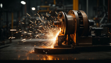 Sparks fly out machine head for metal processing. production of parts at a metallurgical plant. dark background and sparks