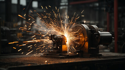 Sparks fly out machine head for metal processing. production of parts at a metallurgical plant. dark background and sparks