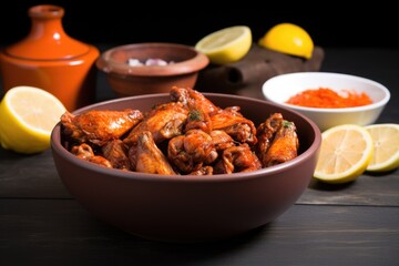 tossed chicken wings in spicy hot sauce in a bowl