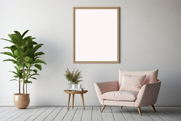 image frame mockup with a armchair in front of it, comfortable chair