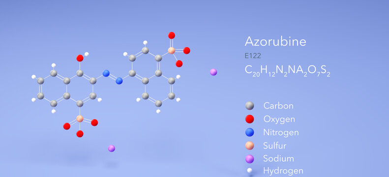 azorubine molecule, molecular structures, azo dye e122, 3d model, Structural Chemical Formula and Atoms with Color Coding