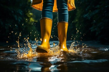 a woman in rubber boots steps into a puddle