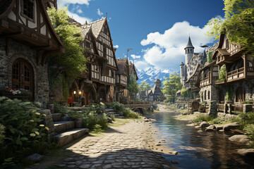 Medieval village background environment for computer mobile game generative AI picture - obrazy, fototapety, plakaty