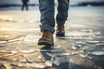 Close up generative AI photography of male legs walking cold snowy winter weather in comfort warm shoes