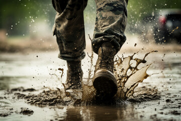 Made with generative AI close up image of a military male person running on rainy muddy battlefield ground - obrazy, fototapety, plakaty