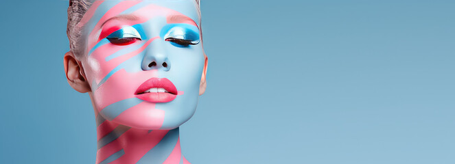 Close-up of cropped woman face with creative unusual makeup. Concert makeup artist, body art, isolated on flat blue background with copy space.