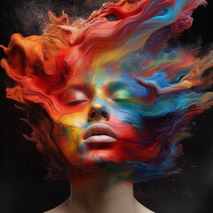 a woman's face made of vibrant and colorful paint in rainbow colors, dynamic energy flow in a fluid explosive formation , fantastical elements, dreamlike symbolism with fantastical elements