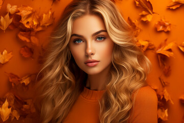 Generative Ai illustration of stunning woman surrounded by dry foliage autumn decorations background