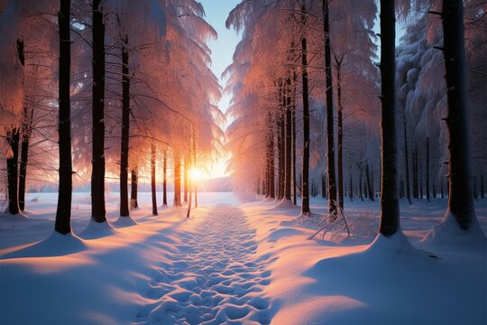 Sunsets glow gracing the wintry woods, a tranquil winter scene
