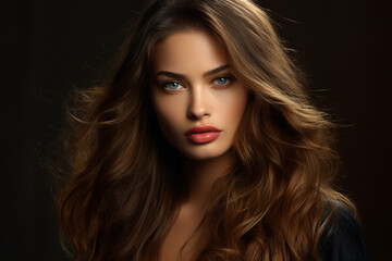 Fototapeta premium Generative Ai portrait of young pretty woman natural beauty brown volume hairstyle on background