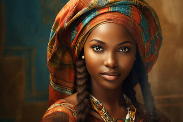 Generative Ai portrait of young black woman wearing traditional cultural clothes turban accessories