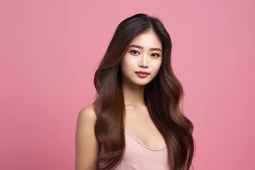 Fotobehang AI generated photo of an attractive beautiful young woman model with long healthy hair isolated on pink color background © Tetiana