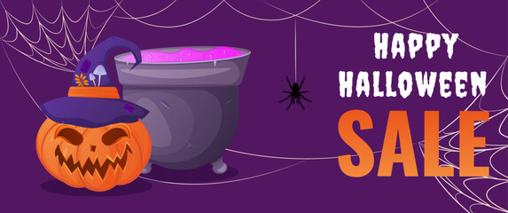 Halloween sale banner with pumpkin and witch pot