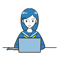 パソコンを使って勉強をする女子学生（シンプル）