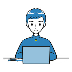 パソコンを使って勉強をする男子学生（シンプル）