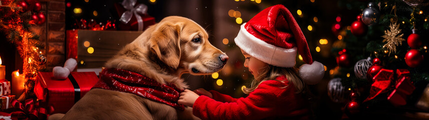 A heartwarming scene of a little girl wearing a red Santa hat lovingly putting on a red scarf on a loyal pet dog getting ready for Christmas.