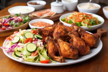 fried chicken wings spread over a bed of vegetable salad